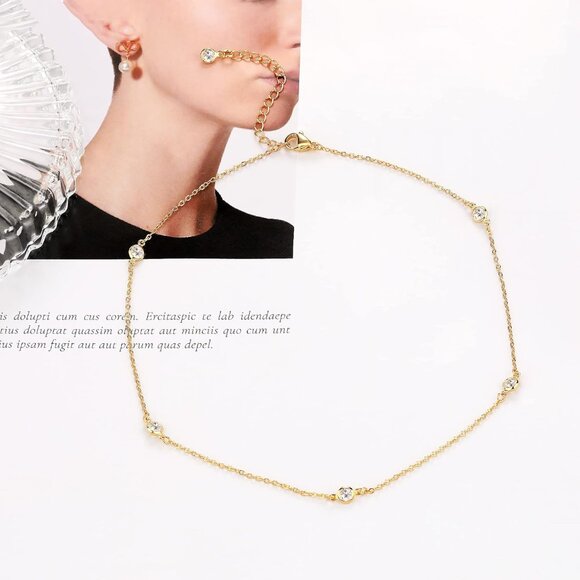 Women Five CZ Chain Choker Gold Plated Long Lariat Necklace Gifts For Girls - Picture 6 of 7